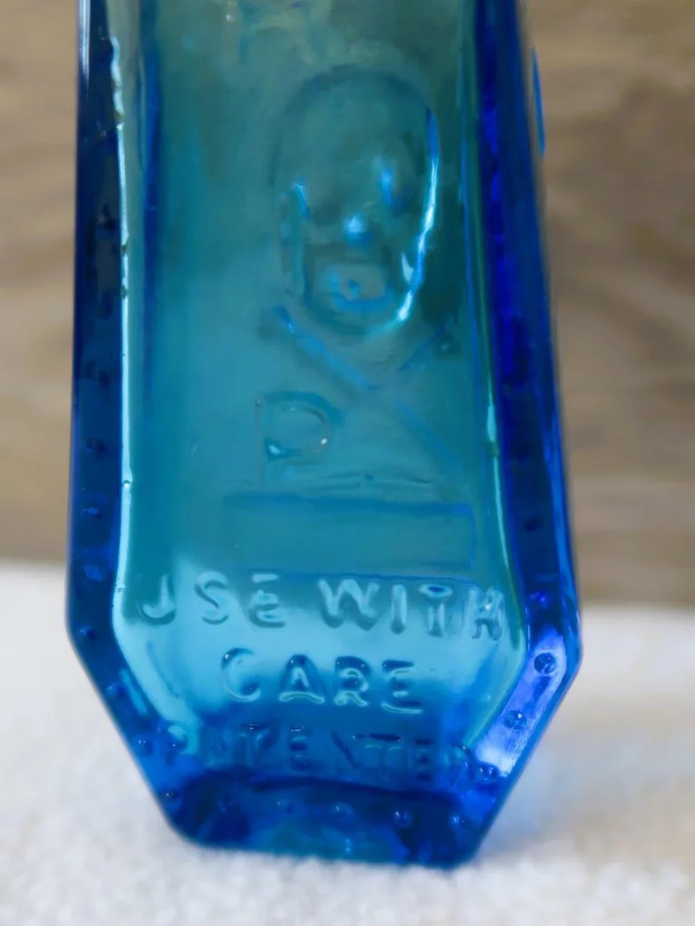 Vintage Cobalt Blue Embossed Glass Bottle "Use With Care" Patented Portrait 3in - Picture 6 of 11
